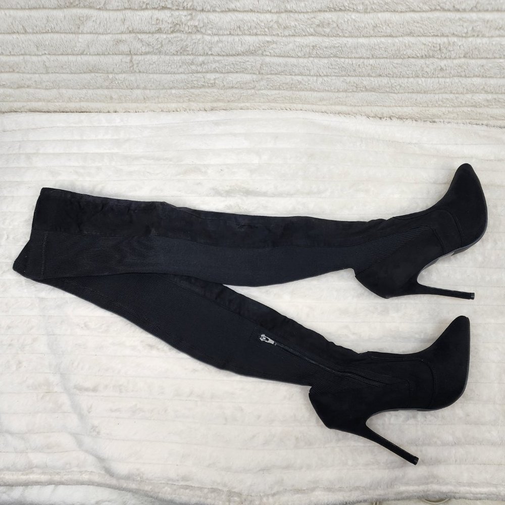 Brand New Chase Black Knit / Faux Suede Stretch OTK High Heel Thigh Boots